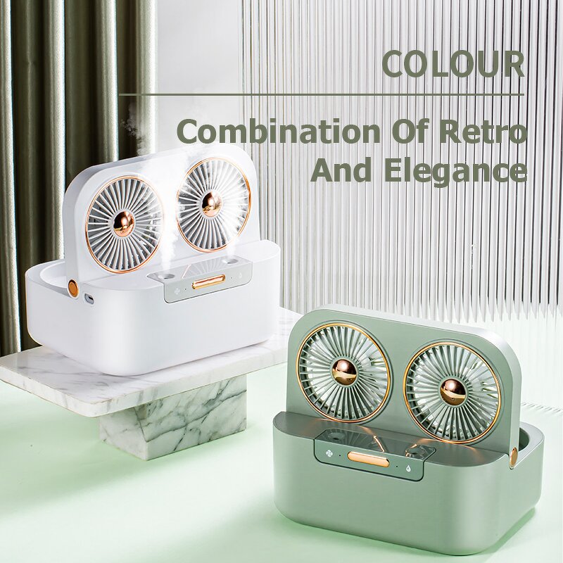 Water Spray Mist Fan - Portable Desktop Dual Motors Retro Tabletop Air Cooler Tool