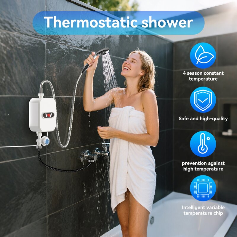 Mini Tankless Water Heater - Instant Electric Fast Heating Shower Bathroom Kitchen EU