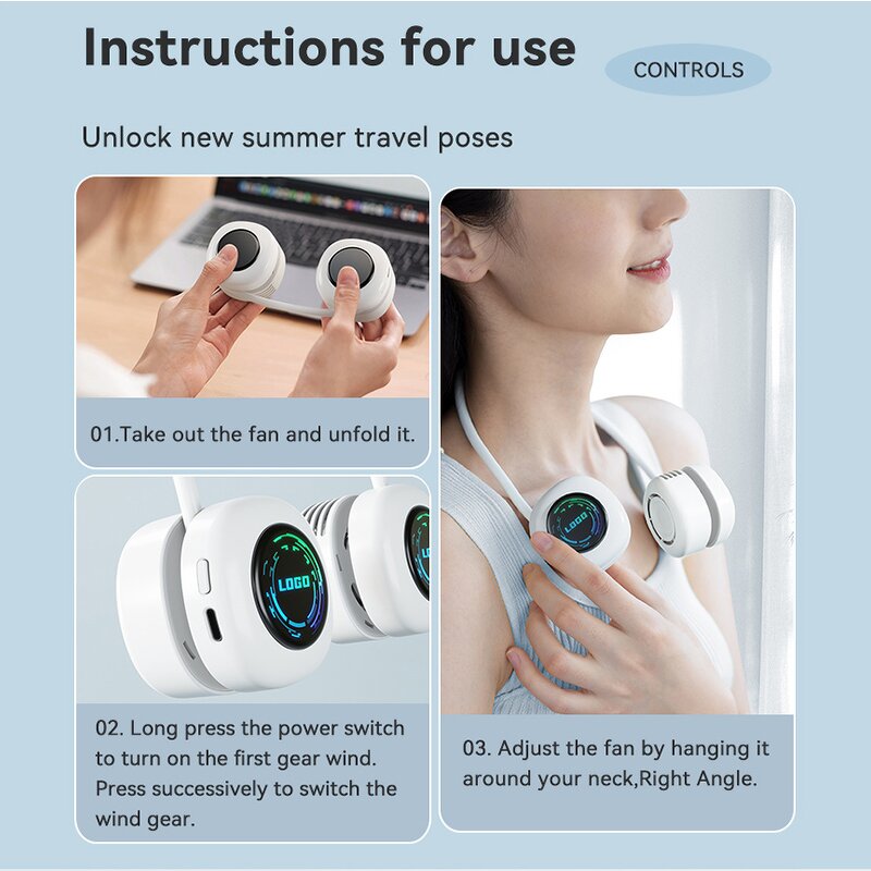 Bladeless Neck Fan - Rechargeable Portable Outdoor Camping Wireless LED Light Fan