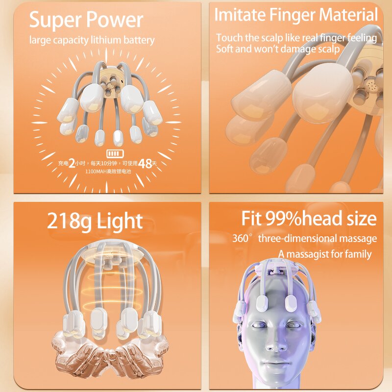 Head Massager Manufacturer - HEZHENG 10 Claw Electric TMS V Timing USB Rechargeable