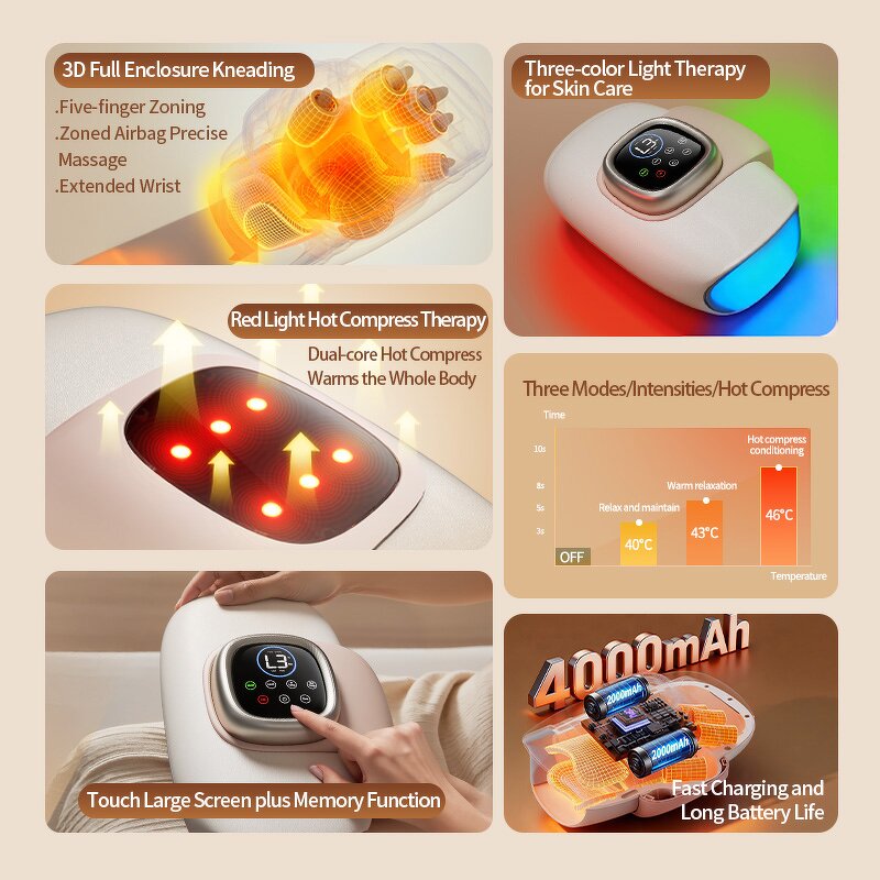 Hand Warmer Massager - Wave-shaped Kneading Airbag USB Tri-color Light Rechargeable