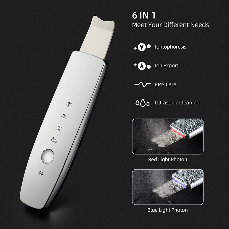 6 in 1 EMS Scrubber - ION LED Photon Skin Lifting Face Spatula Blackhead Remover