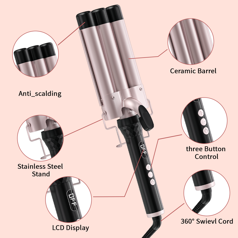 3 Barrels Curling Iron - Professional Salon LCD PTC 230℃ Negative Ion Hair Care Set