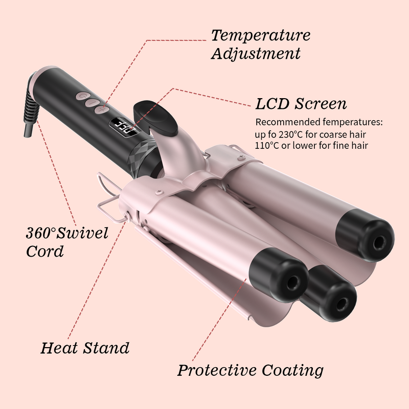 3 Barrels Curling Iron - Professional Salon LCD PTC 230℃ Negative Ion Hair Care Set
