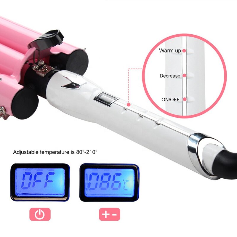 Triple Barrel Curler - Professional Ceramic LCD Temperature PTC Heaters Ladies Tool