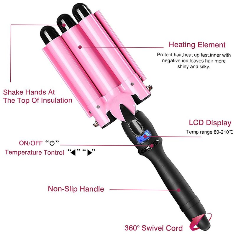Triple Barrel Curler - Negative Ion Wave Volumizing Big Wave Curling Iron Hair Tool