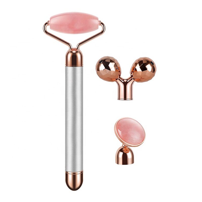 3-in-1 Vibrating Roller - New Design 24K Golden Rose Quartz Electric Jade Boxed Tool