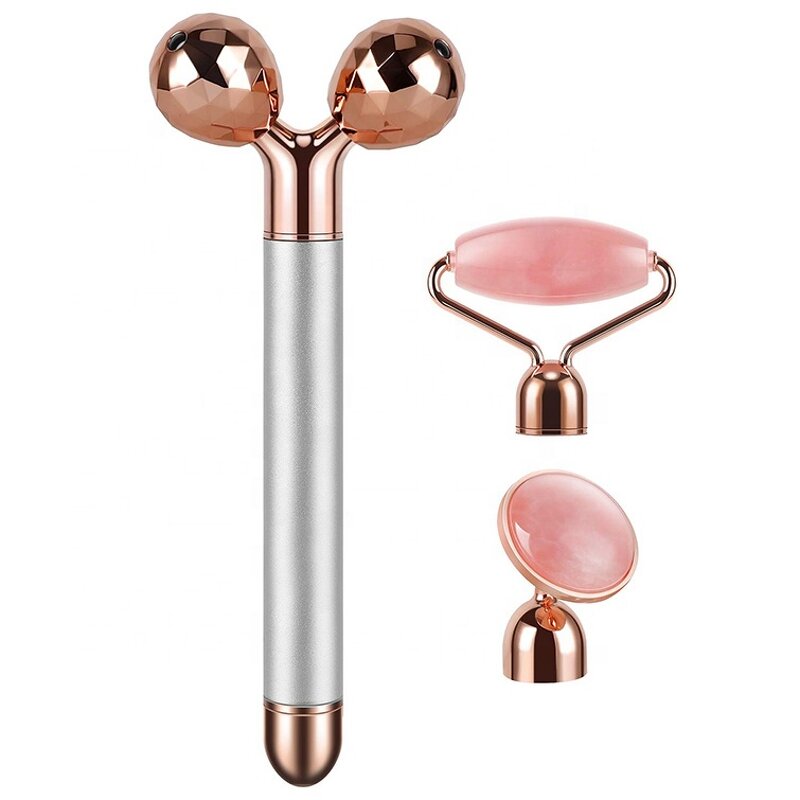 3-in-1 Vibrating Roller - New Design 24K Golden Rose Quartz Electric Jade Boxed Tool