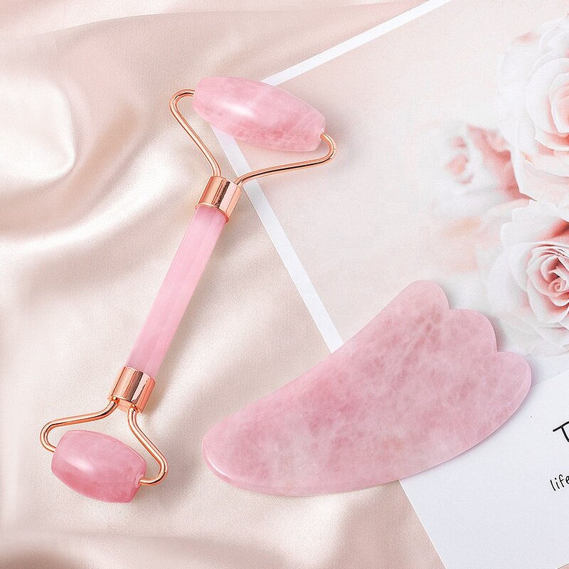 Rose Quartz Roller Kit - 2-in-1 Anti-Aging Gua Sha Face Roller With Box Facial Massage