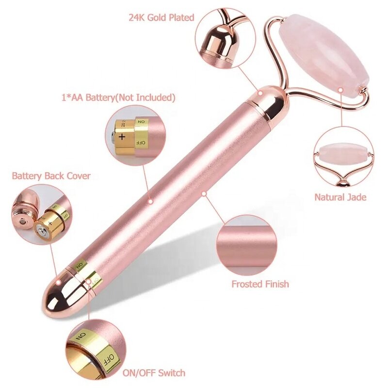 Vibrating Jade Roller - 2024 Private Label Golden Natural Quartz Anti-Aging Facial Massager
