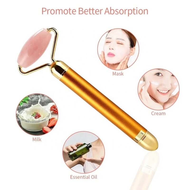 Vibrating Jade Roller - 2024 Private Label Golden Natural Quartz Anti-Aging Facial Massager