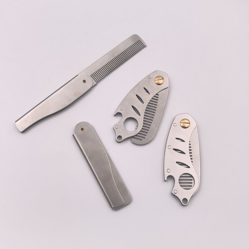 Foldable Beard Comb - Custom Logo 304 Stainless Steel Laser Engrave Scalp Massager Hair Care
