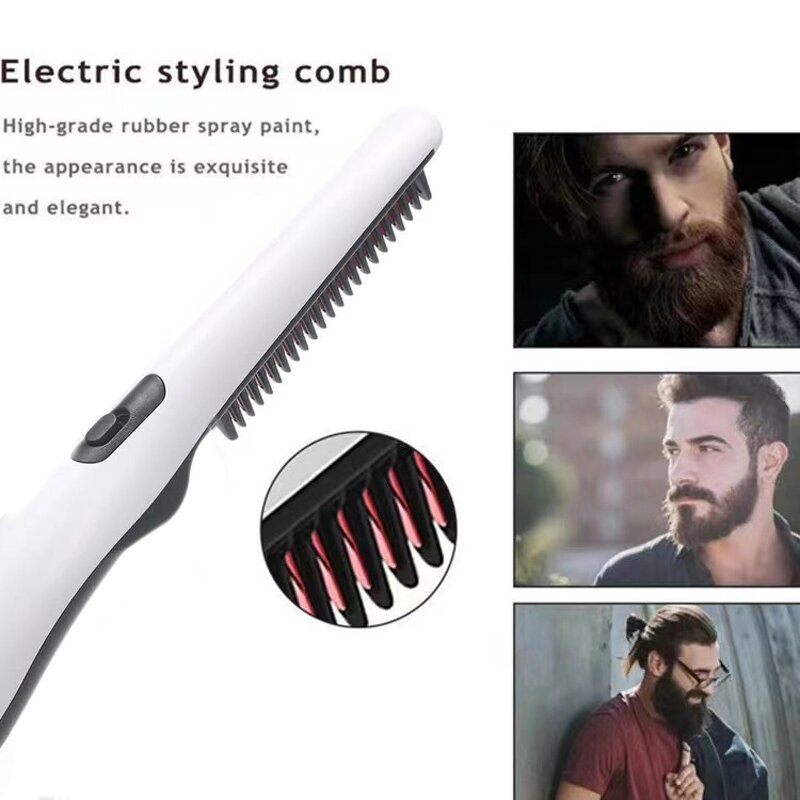 Electric Beard Straightener - Men Ionic Heated Styling Detangle Hair Comb Rechargeable Travel