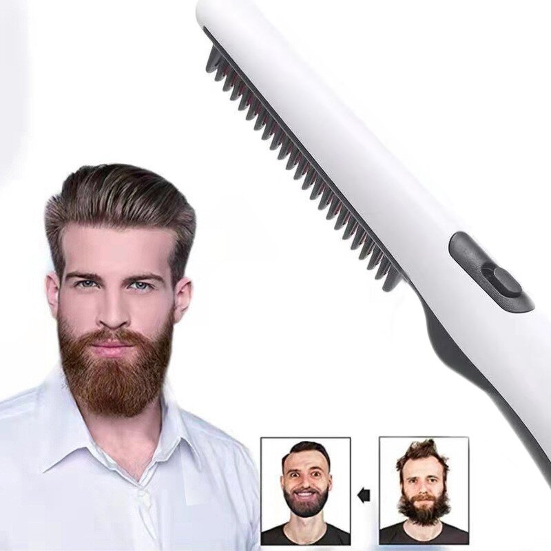 Electric Beard Straightener - Men Ionic Heated Styling Detangle Hair Comb Rechargeable Travel