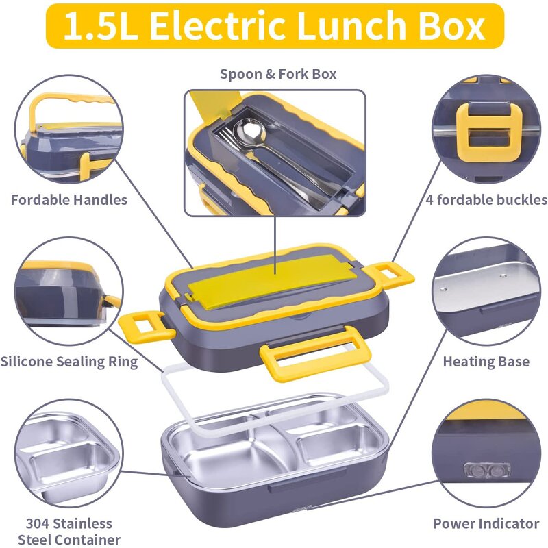 1.5L Electric Lunch Box - Portable Stainless Steel Car Home Kids Food Heater Warmer