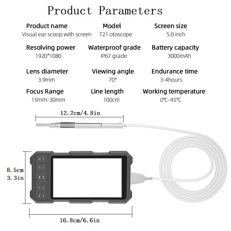 Digital Otoscope - 3.9mm/4.5mm 5inch Screen Ear Wax Removal Visual Clean Tool