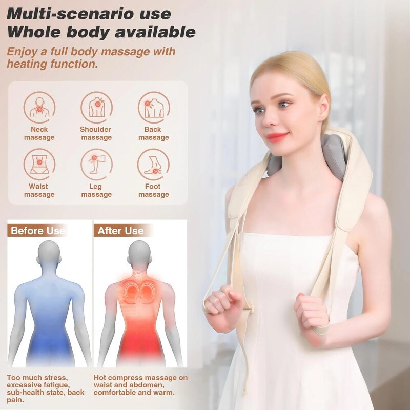 3D Kneading Neck Massager - 2025 Upgraded Hands Free Portable Shoulder Pain Relief