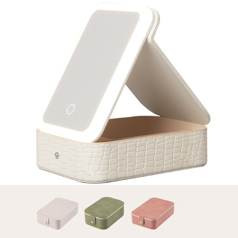 Travel Makeup Box - Stock Waterproof Leather LED Light Bronze Mirror Cosmetic Storage