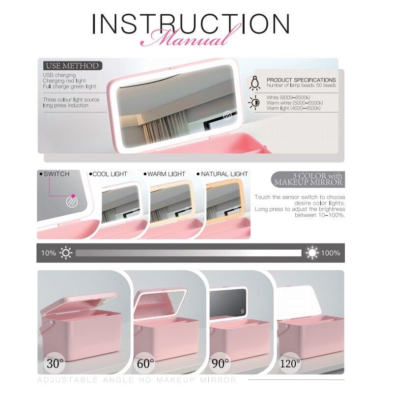 LED Makeup Mirror - Portable Type-C Rechargeable Touch Screen Brightness Adjustable
