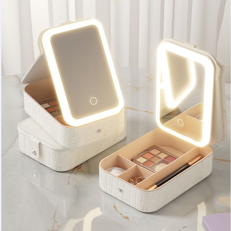 Travel Makeup Box - Stock Waterproof Leather LED Light Bronze Mirror Cosmetic Storage