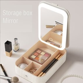 Travel Makeup Box - Stock Waterproof Leather LED Light Bronze Mirror Cosmetic Storage