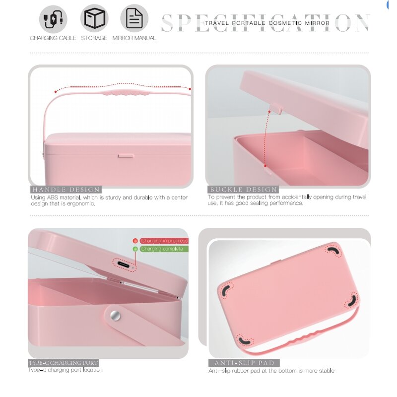 LED Makeup Mirror - Portable Type-C Rechargeable Touch Screen Brightness Adjustable
