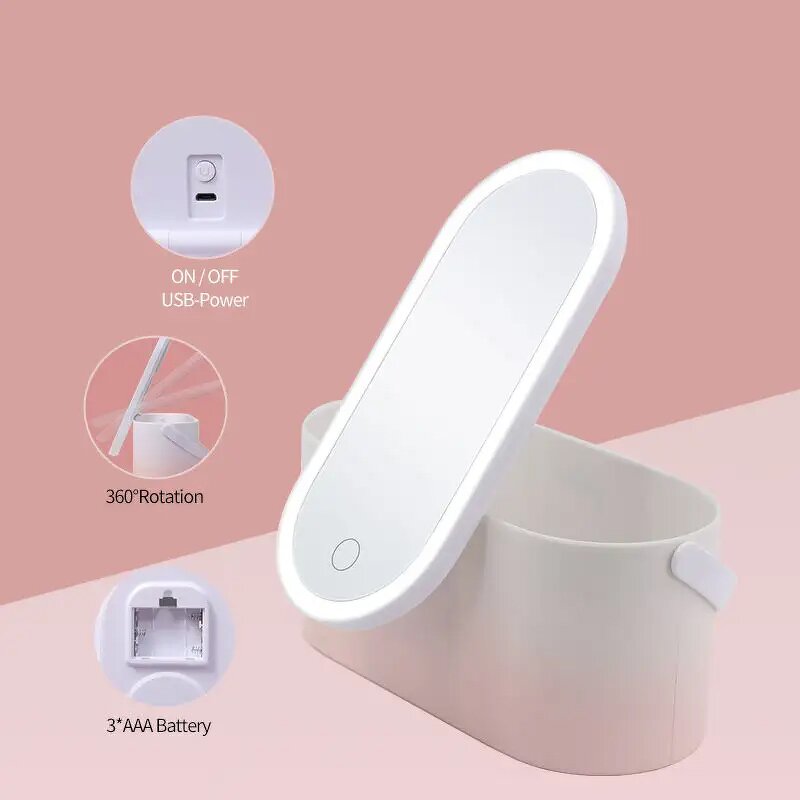 Makeup Bag with Mirror - Nordic 360 Rotate USB LED Waterproof Oval Cosmetic Mirror