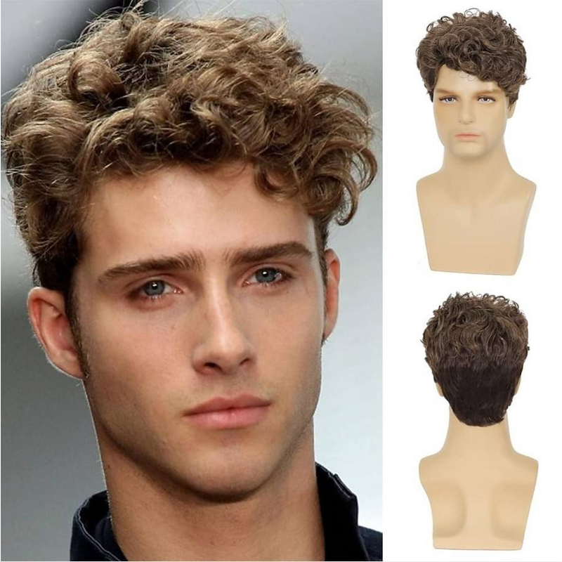 Mens Synthetic Wig - 6 Inch Short Brown French Curl 180% Density Adjustable Daily Wear