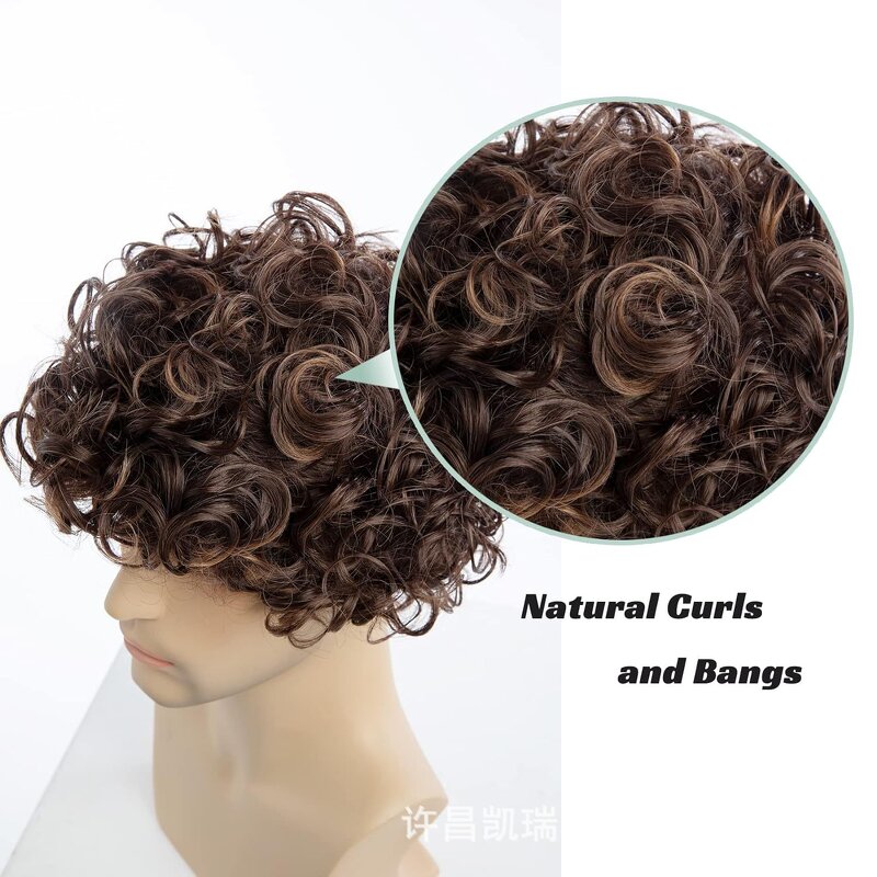 Mens Synthetic Wig - 6 Inch Short Brown French Curl 180% Density Adjustable Daily Wear