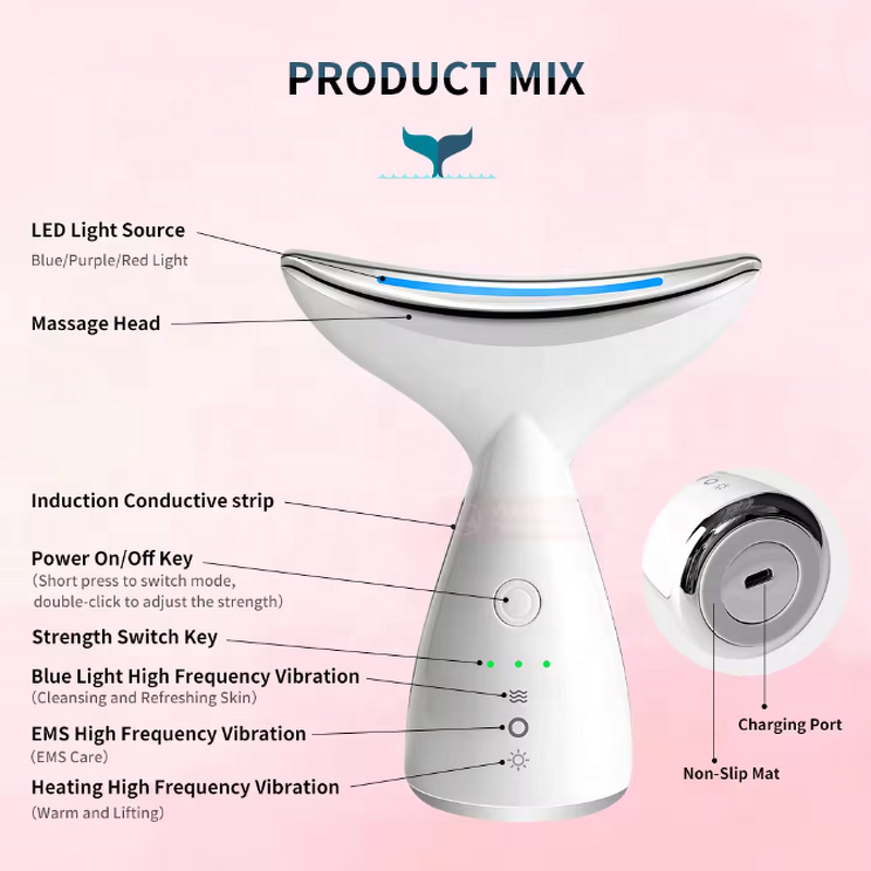 RF Beauty Device - Portable Electric - 3-Color LED Photon Face Neck Detox Pigment Removal