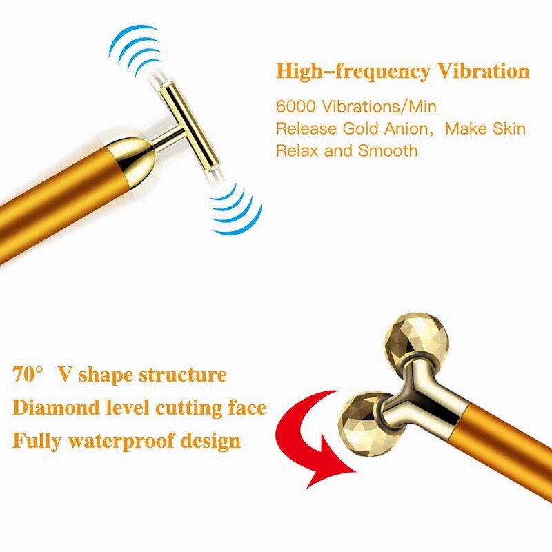 24k Golden T Shape Massager - Beauty Bar - Facial Skincare Arm Eye Nose Head Electric Tool