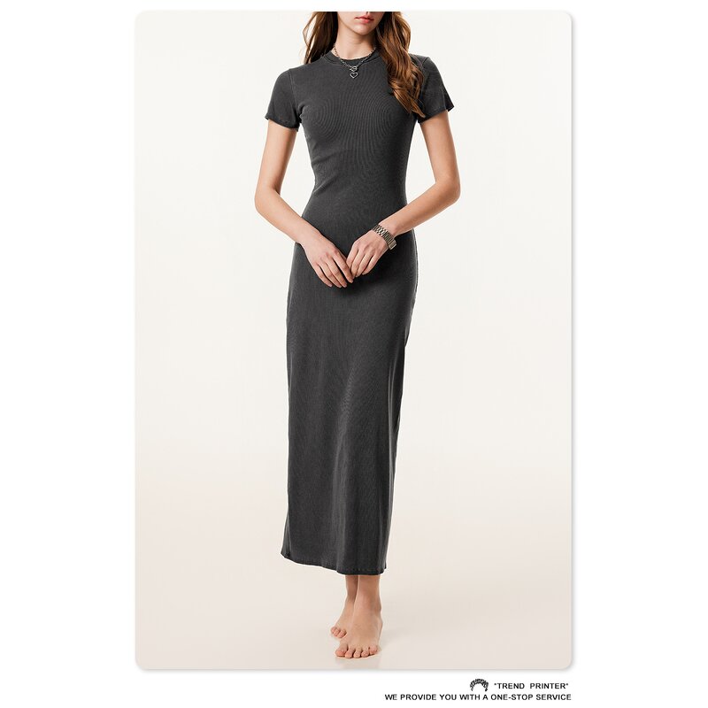 T-Shirt Dress Manufacturer - Long Maxi Split Stripe Summer Casual Short Sleeve Round Neck