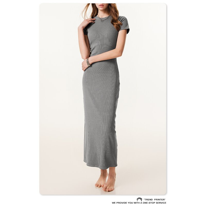 Maxi Dress Manufacturer - Women's Summer Casual Short Sleeve Round Neck Woven Split Stripe