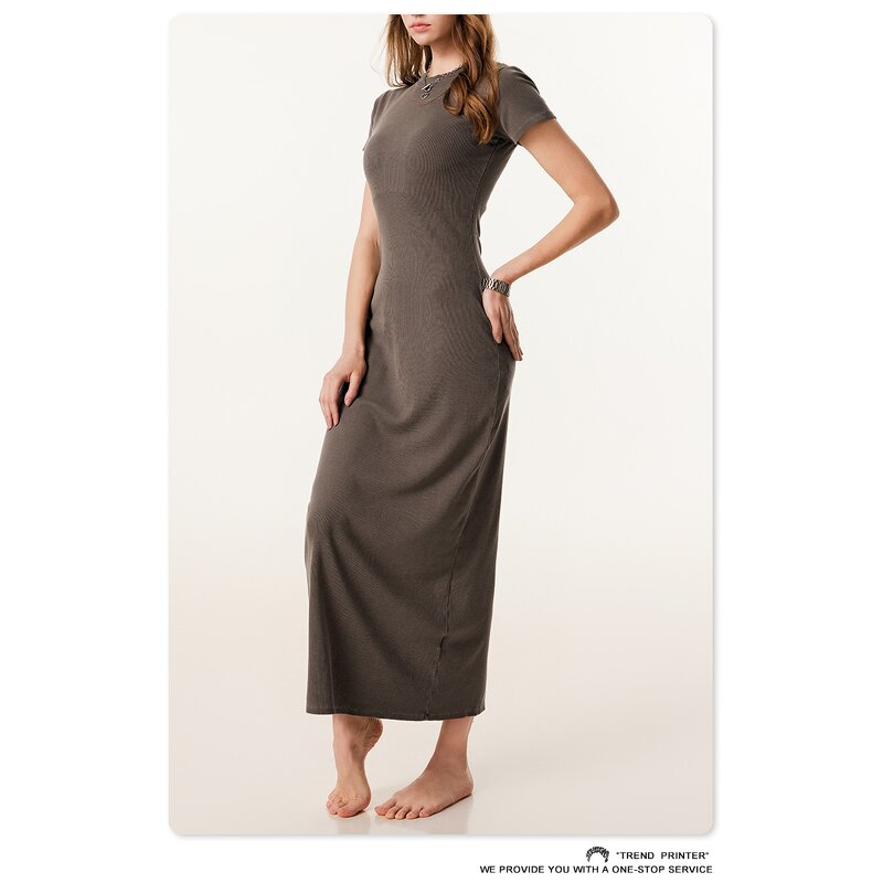 Maxi Dress Manufacturer - Women's Summer Casual Long Short Sleeve Crew Neck Split Stripe