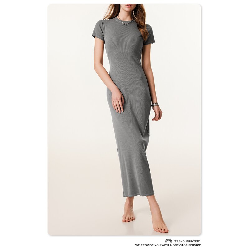 T-Shirt Dress Manufacturer - Long Maxi Split Stripe Summer Casual Short Sleeve Round Neck