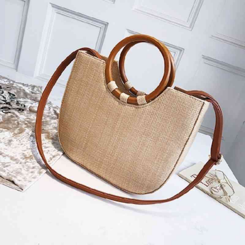 Shoulder Bag Manufacturer - Large Tote with Bamboo Circle Handles Detachable Straw Hand-woven