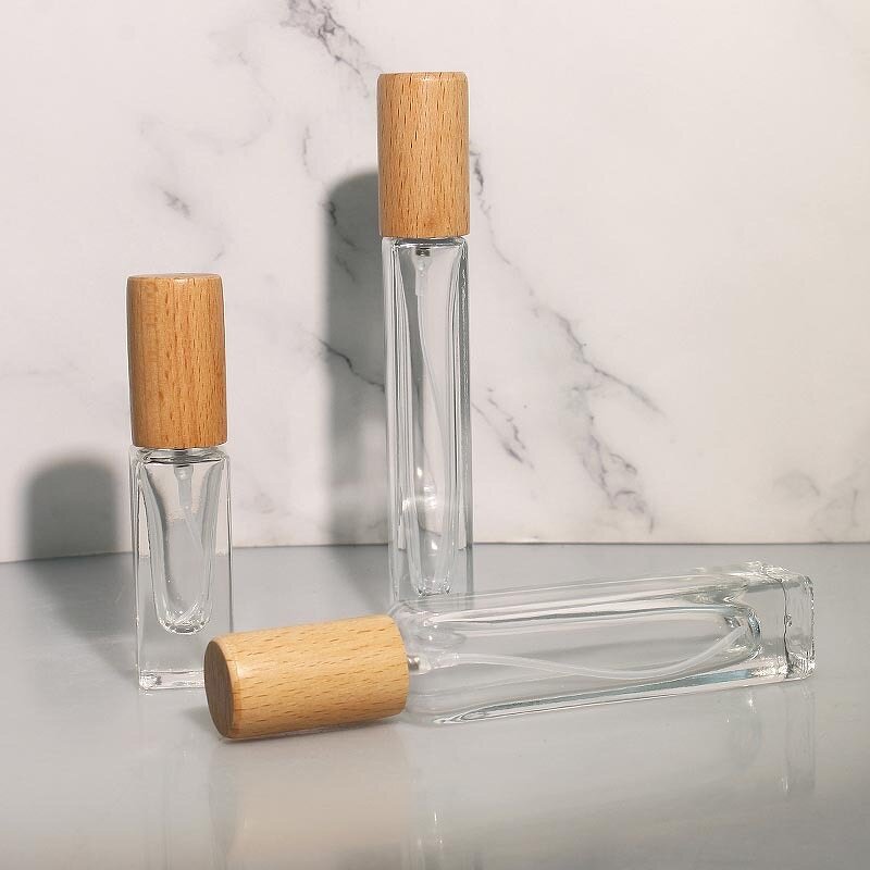 Perfume Bottle Manufacturer - 10ml Empty Square Glass Spray with Wooden Lid & Box