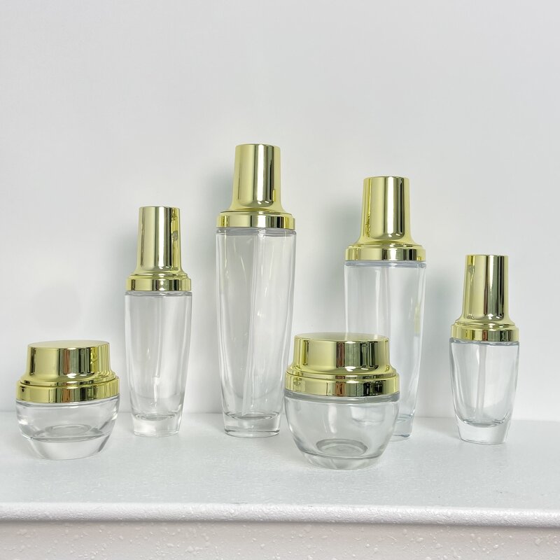 Skincare Bottles Manufacturer - Transparent Glass with Gold Cap 30g to 120g for Cream & OEM