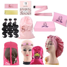 Wig Packaging Set - Manufacturer - Custom Logo Satin Bag Edge Scarf Hang Tag Sticker Bonnets Wrap