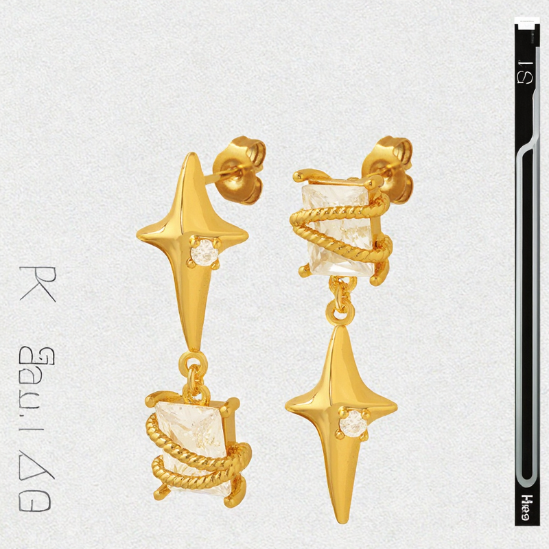 Square Zircon Stud Earrings - Manufacturer - 18K Gold Exquisite Silver Needle Star Copper Plated for Women