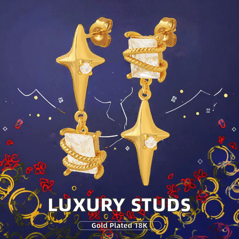 Square Zircon Stud Earrings - Manufacturer - 18K Gold Exquisite Silver Needle Star Copper Plated for Women