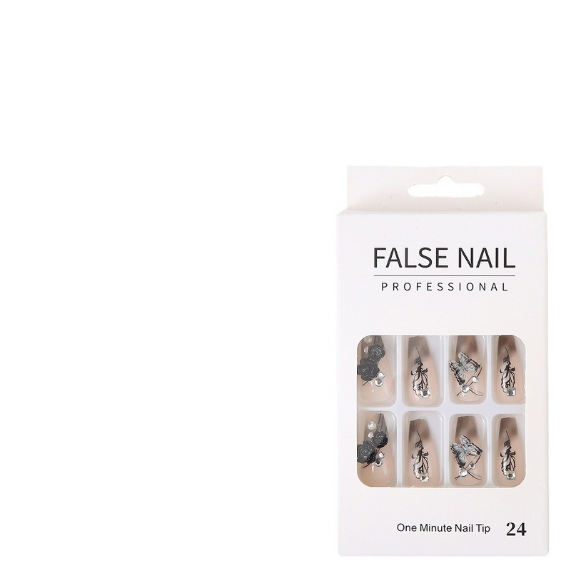 French Fake Nails - Manufacturer - 24pcs Boxed Alloy Dotted Long Coffin Heart Butterflies Wearable