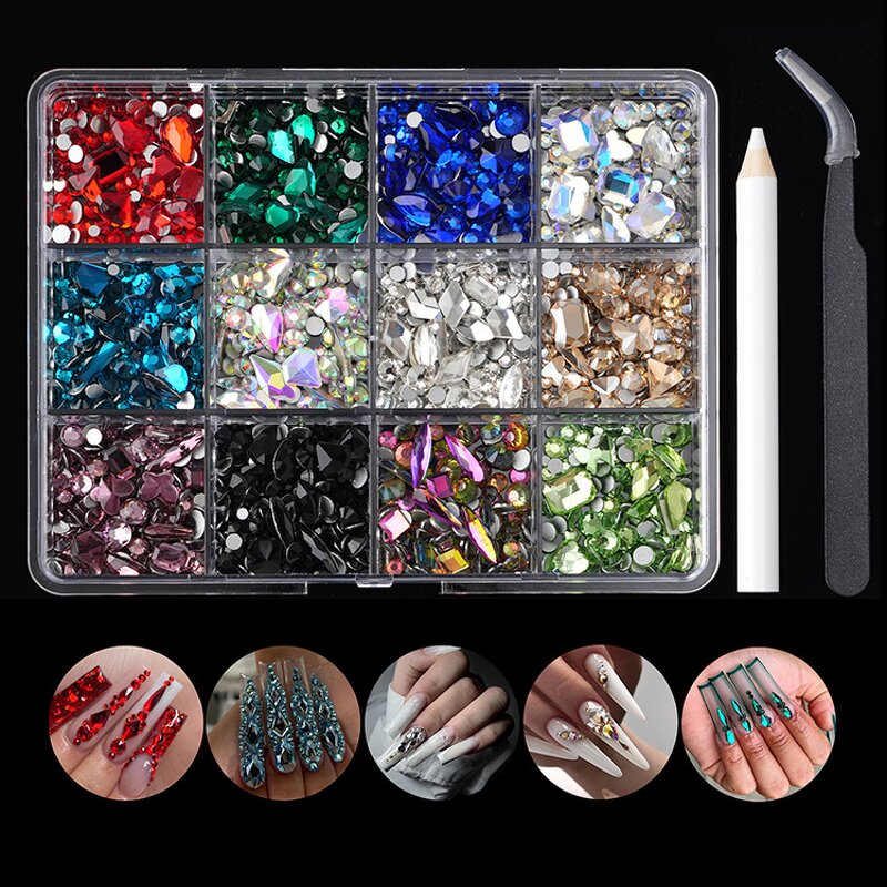 Nail Rhinestones Manufacturer - Wholesale 12 Grids Mix Shape Shiny Crystal 3D
