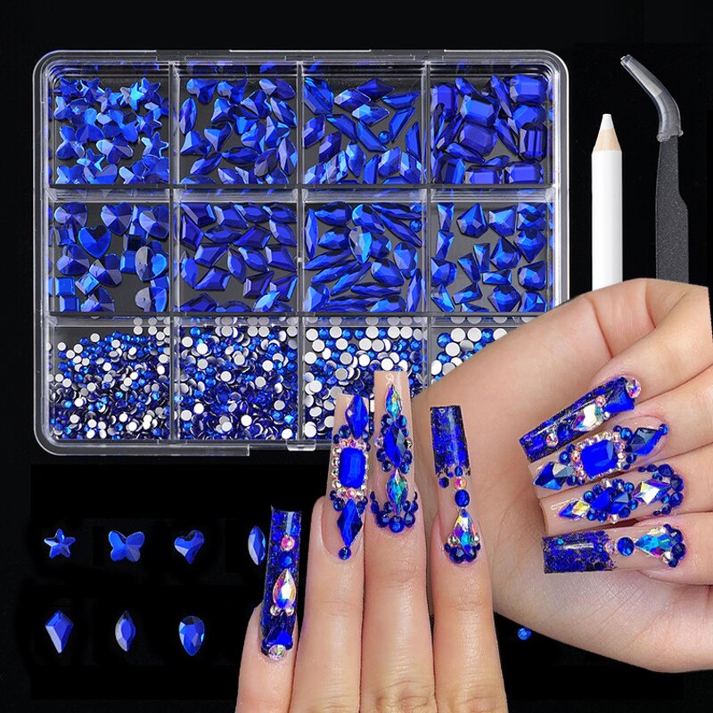 Nail Rhinestones Manufacturer - Wholesale 12 Grids Mix Shape Shiny Crystal 3D