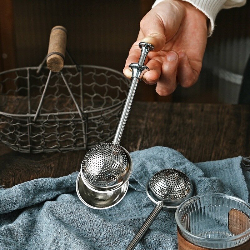 Tea Infuser Manufacturer - Long Handle Stainless Steel Reusable Push Style Strainer