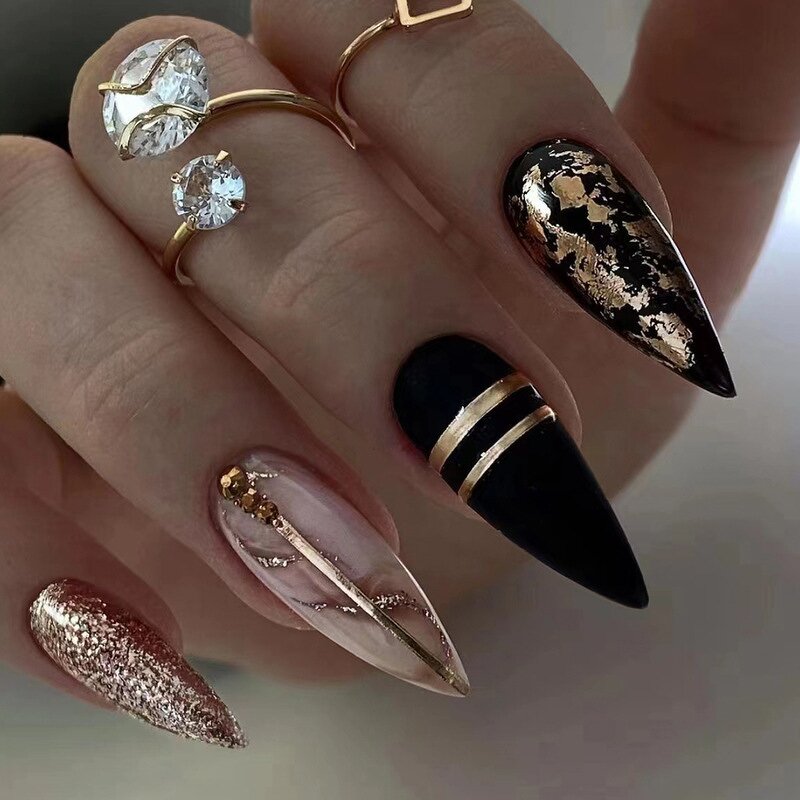 Press-On Nails Manufacturer - Wholesale Black & Gold Square ABS Glossy with Sequins