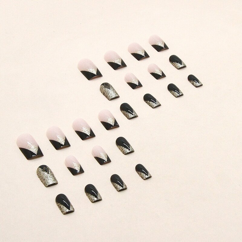 Press-On Nails Manufacturer - Wholesale Black & Gold Square ABS Glossy with Sequins