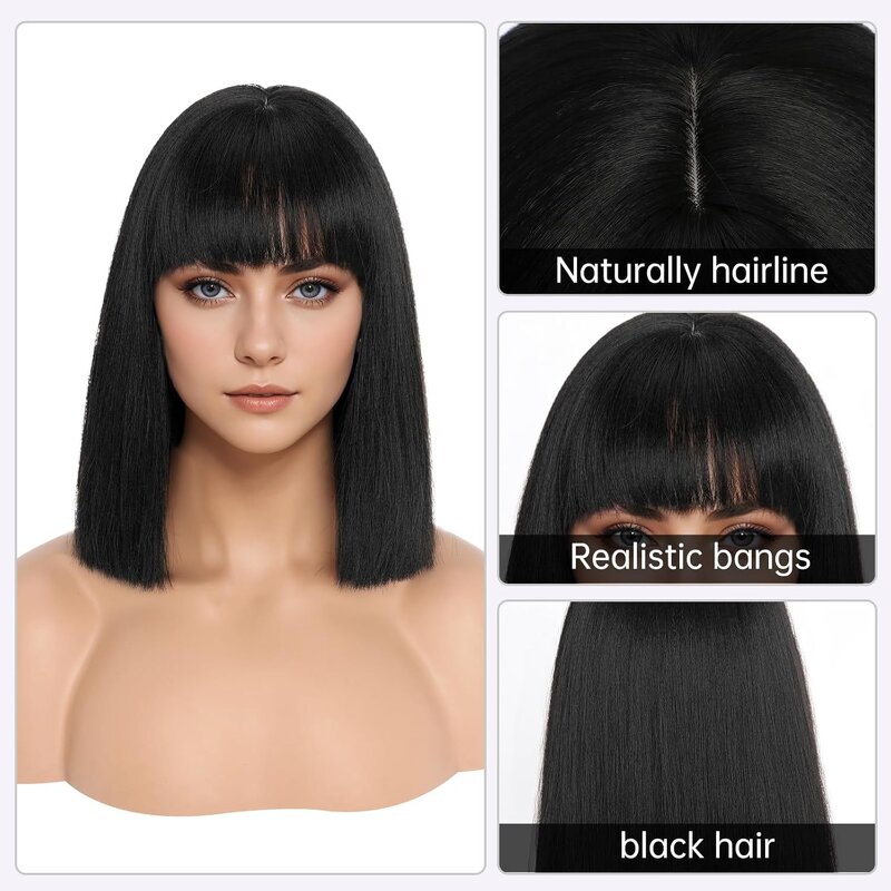 Bob Wig Manufacturer - Straight Short Black with Bangs Heat Resistant Synthetic