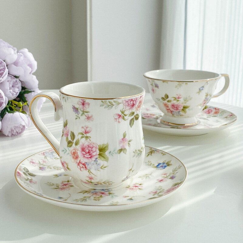 Coffee Cup Set Manufacturer - Vintage British Floral Ceramic with Gold Rim & Tray