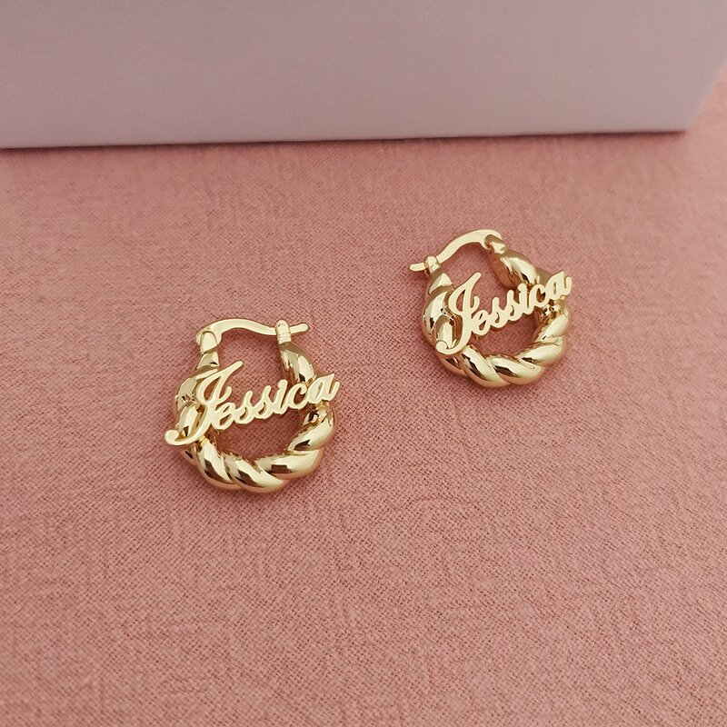 Earrings - Manufacturer OEM Custom 18/25mm 18K Gold Twist Nameplate Hoop Kids
